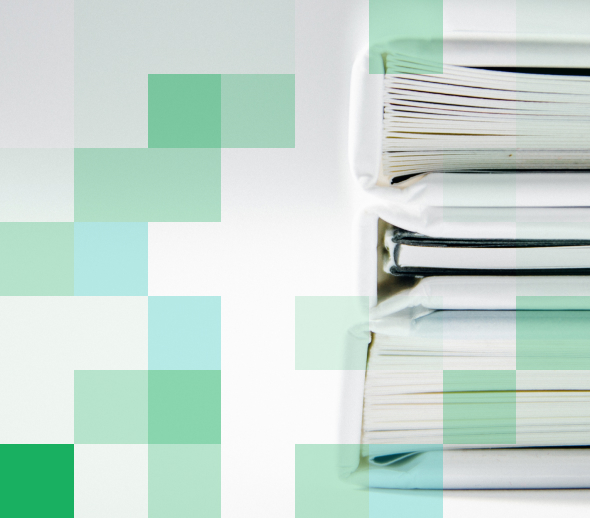 Stack of Closed Books with a Green Overlay Design Against a White Background Featuring Pixel Patterns.